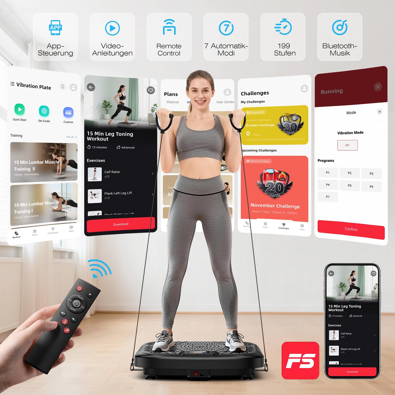 Vibrationsplatte mit App-Steuerung, Fernbedienung & LED, 220kg Belastbarkeit, 199 Stufen Vibration Plate, Rüttelplatte Sport für Zuhause, 200W Motor, Bluetooth & Bänder, Fettverbrennung