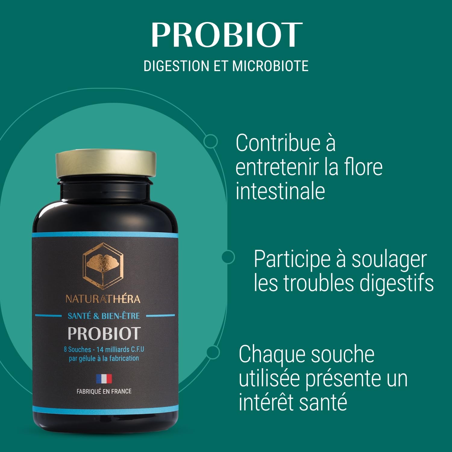 PROBIOT - 14 milliards/gélule - Complément Alimentaire Probiotiques, Digestion & Flore Intestinale - 90 Gélules - Fabriqué en France - Vegan - Sans Additif Allergène OGM