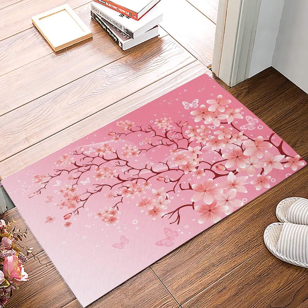 Doormat Welcome Pink Cherry Blossom Trees are Blooming Funny Entryway Rugs Indoor Non Slip, Washable Entrance Mat Outdoor Door Mats for Kitchen,