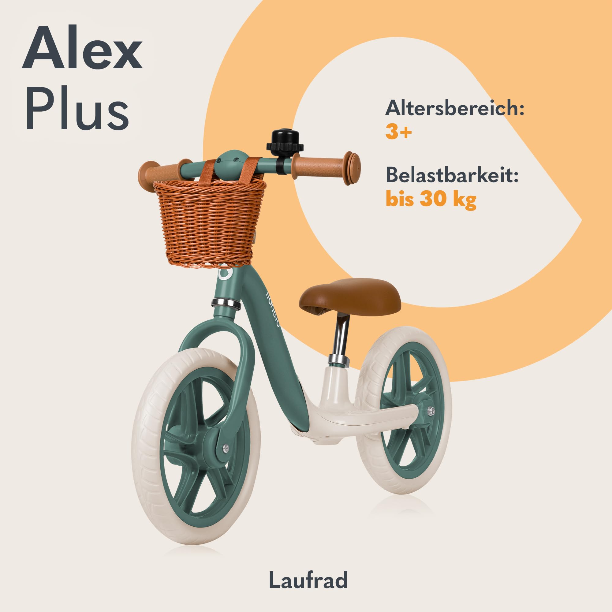 Lionelo Alex Plus Kinderlaufrad bis 30 kg, ab 3 Jahren, Eva-Schaumstoffräder 30,5 cm, Trittbrett Korb Verstellbarer Sitz und Lenker, Rutschfester Griff, Leicht 3,4 kg