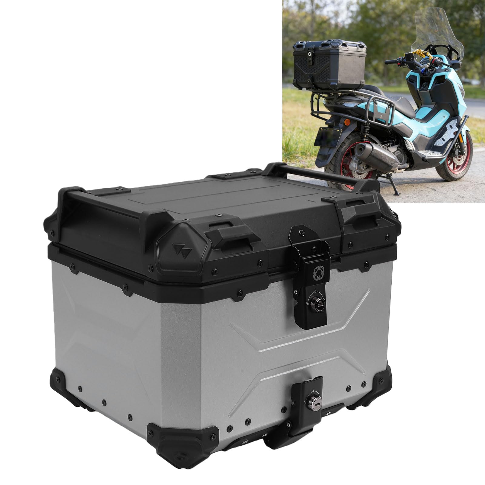 Bauletto Posteriore per Moto, 45 Litri, in Plastica ABS, con Imbottitura Isolante in PU Lavabile di Sgancio Rapido, Antifurto per Moto con portapacchi.