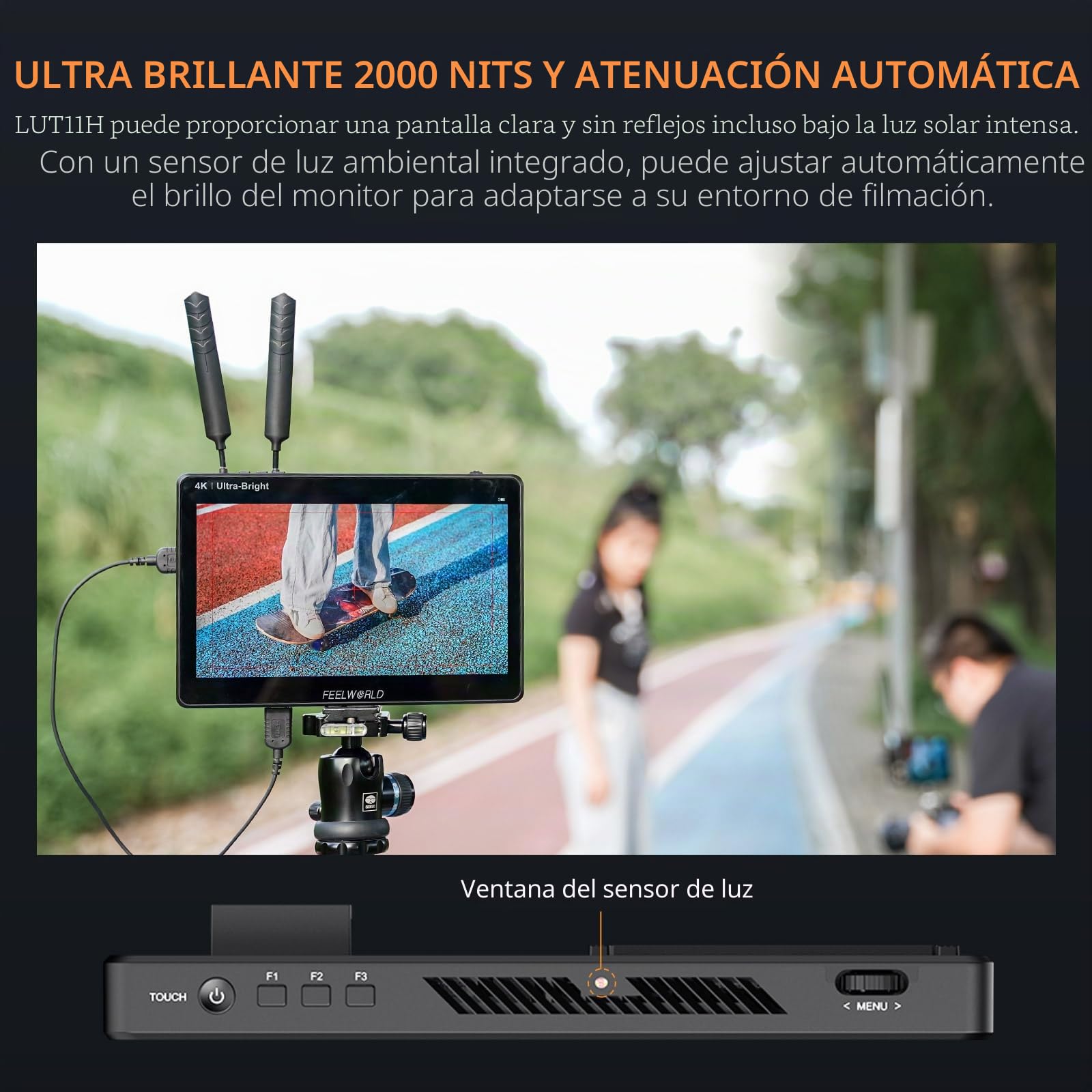 FEELWORLD LUT11H - Monitor DSLR de campo ultrabrillante de 10.1 pulgadas de 2000 nits, con pantalla táctil, forma de onda, LUT F970, kit de instalación y alimentación, salida de entrada HDMI