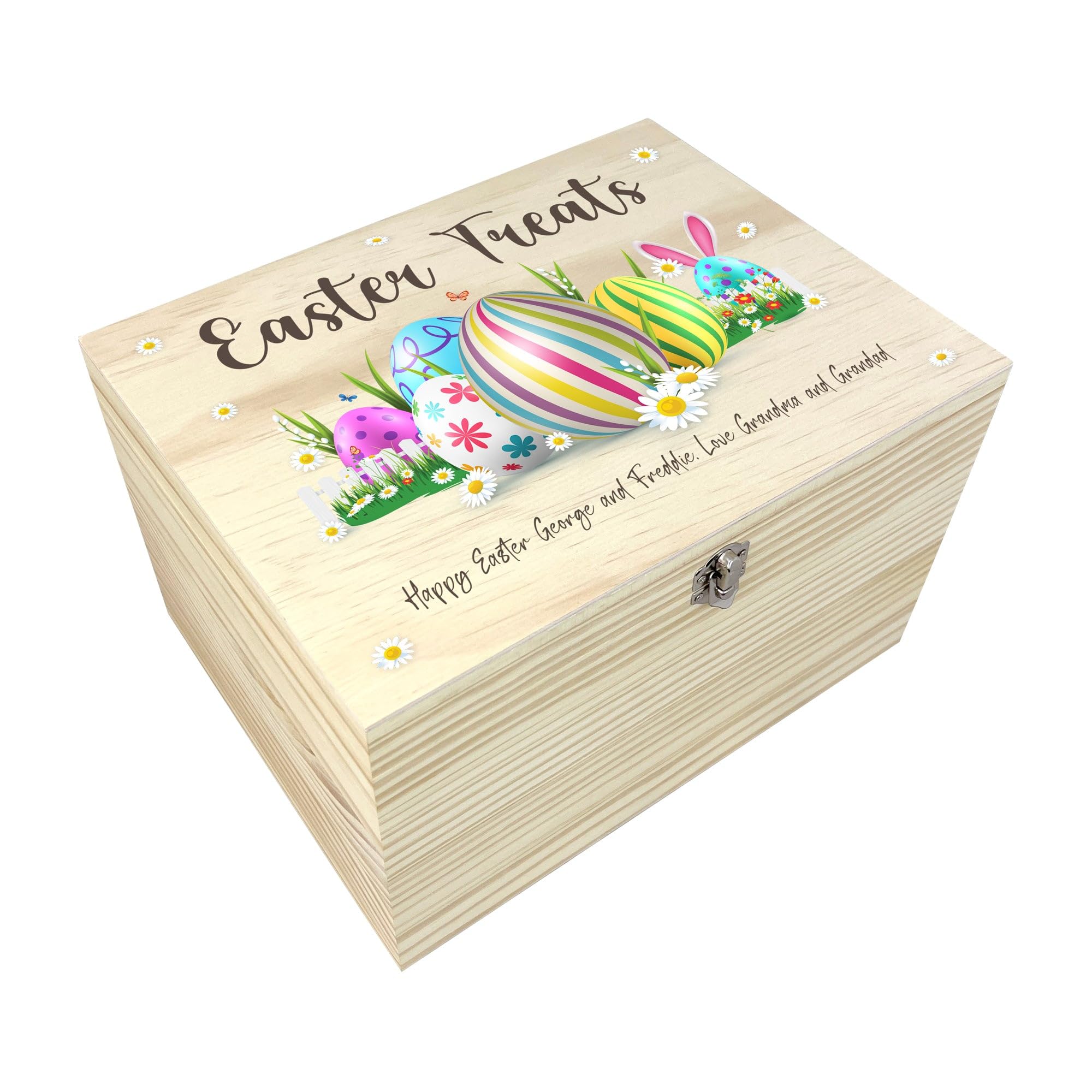 The Lovely Keepsake Company Personalised Pastel Easter Eggs Wooden Hamper Box - Custom Name, Easter Gift, Easter Basket, Easter Treats, Kids Easter, Family Easter, Easter Decor | W16cm x D11cm x H9cm