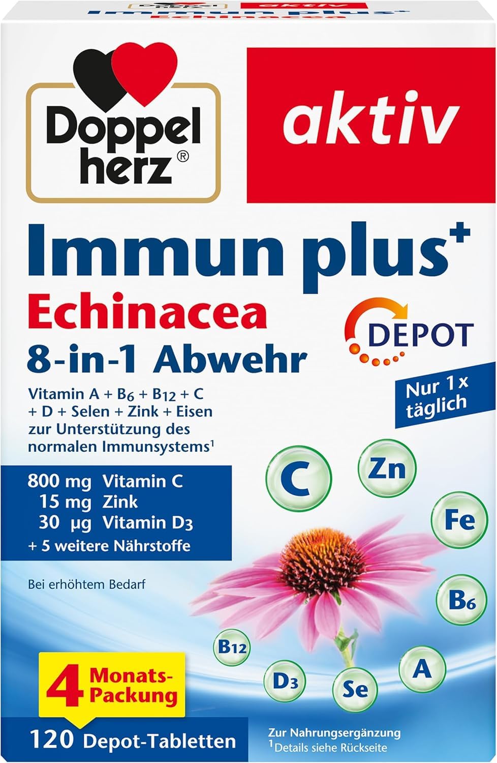 Doppelherz Immun plus Echinacea 8-in-1 Abwehr - Mit Vitamin C, Vitamin D und Zink als Beitrag zur normalen Funktion des Immunsystems - 120 Depot-Tabletten