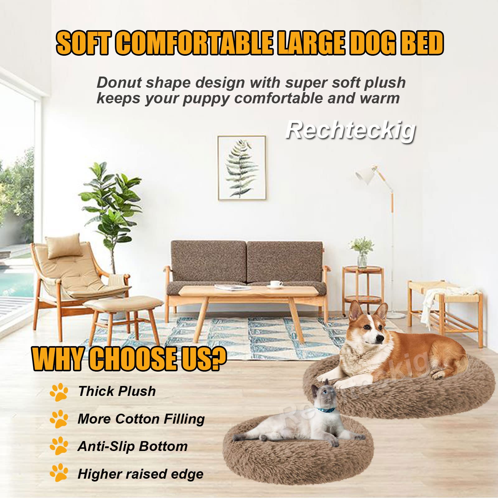 Cuccia Gatto Cane Interno Morbida, Sfoderabile Animale Domestico Cuscino Peluche Donut Antiscivolo Lavabile Interno ​Letto Peluche Ultra-Morbido- Khaki|| Ø60/24in(M)