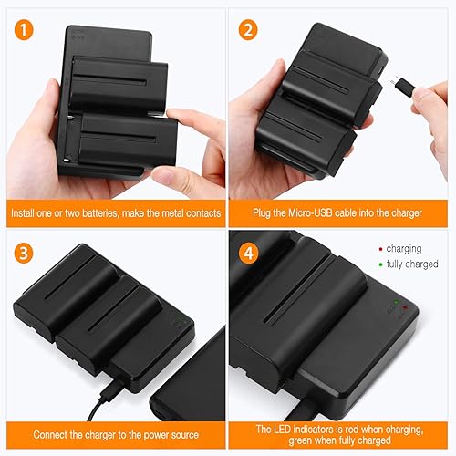 Miniatura 7 de LORDONE Batería NP-F550, paquete de 2 baterías NP F550 de 2700 mAh y cargador USB dual para Sony NP F970, F750, F770, F960, F550, F530, F330, F570,