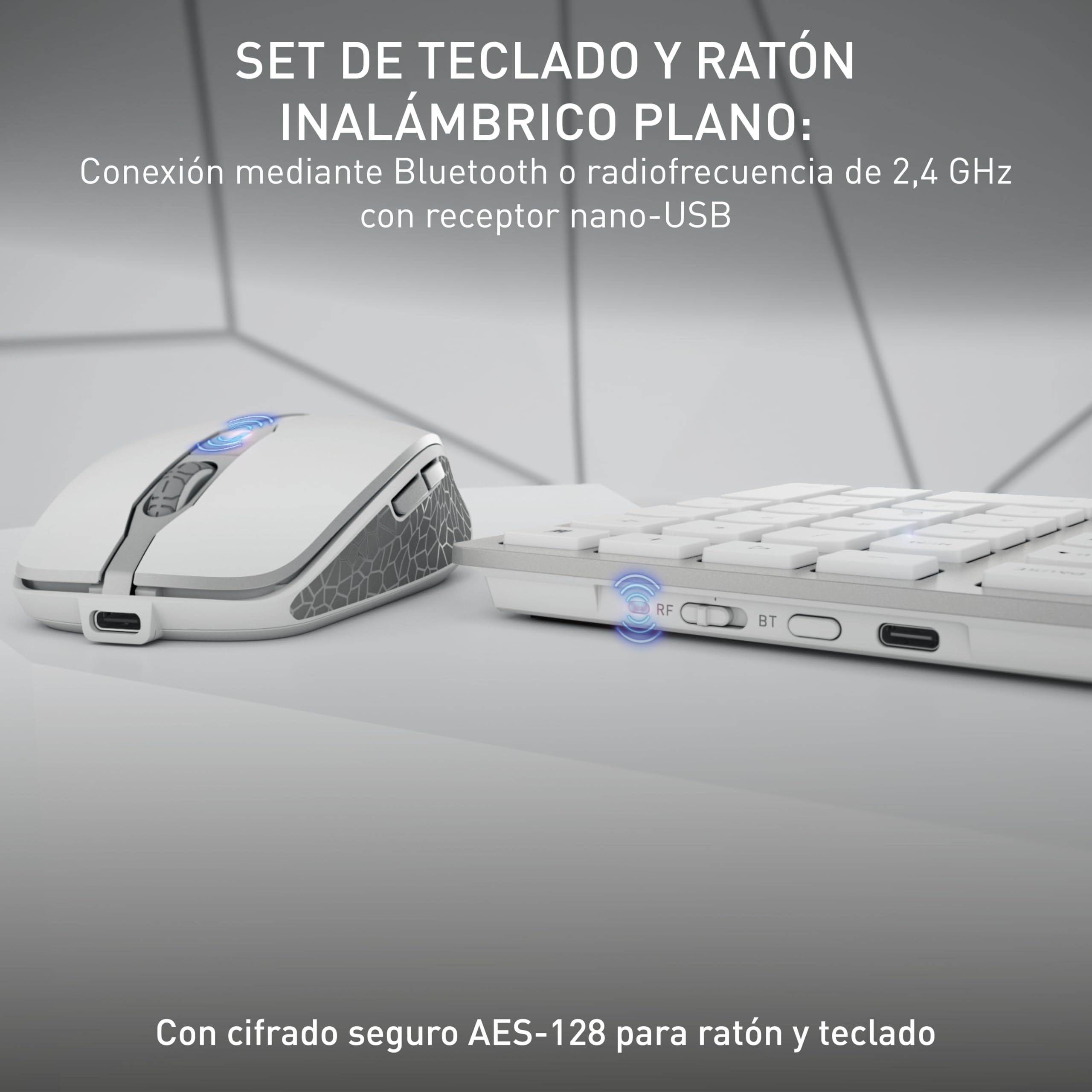 CHERRY DW 9100 SLIM, Pack de Teclado y Ratón Inalámbricos, Distribución de Teclado Alemán (QWERTZ), Bluetooth y Radiofrecuencia de 2,4 GHz, Teclas Silenciosas, Recargable, Blanco/Plateado