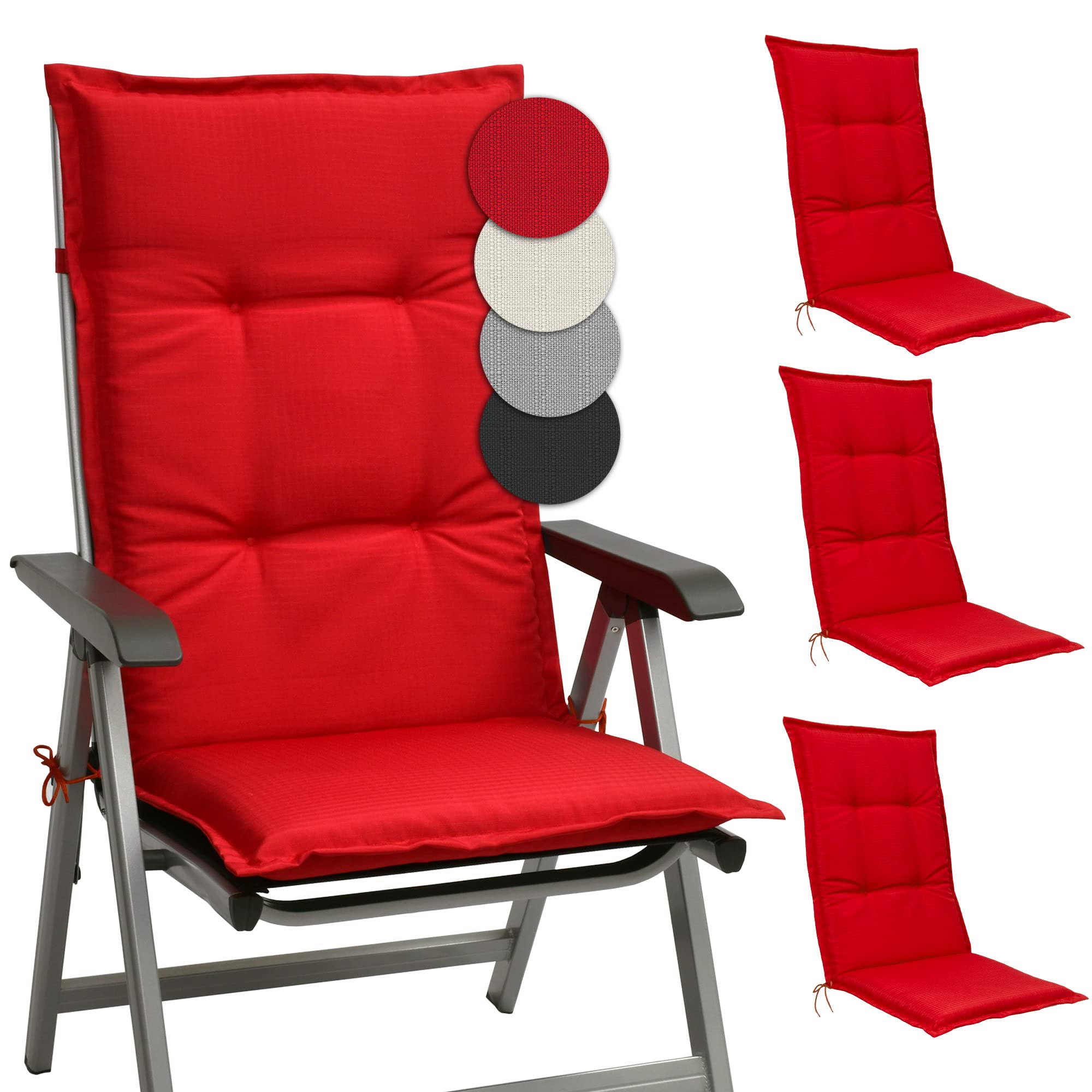 Beautissu 4er Set Hochlehner Auflagen für Gartenstühle Sitzkissen | 120x50x6cm Rot Stuhlkissen Sitzpolster Rückenkissen Hochlehnerauflage für Gartenstuhl Polster Kissen Base HL