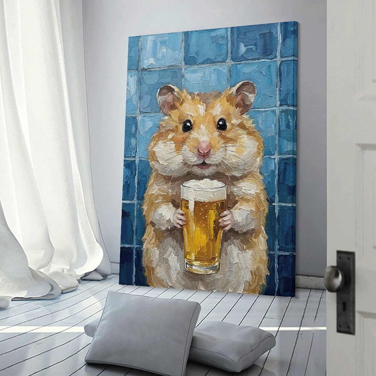 Junmoney Frame-Style-11 Canvas Wall Picture Hamster With Beer Painting, 24X36inch(60X90cm), For Bedroom, Lounge Or Dressing Area, Stylish Decor For A Restful Room Update