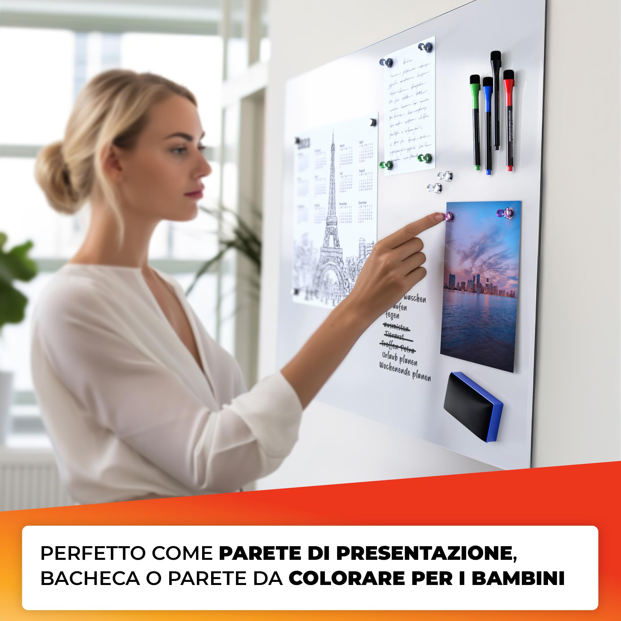 Foglio per lavagna bianca 40x60cm - foglio magnetico 3M autoadesivo - foglio per lavagna magnetica - ferro foil bianco - foglio per lavagna bianca incl. 4 pennarelli, cancellino e 4 spilli