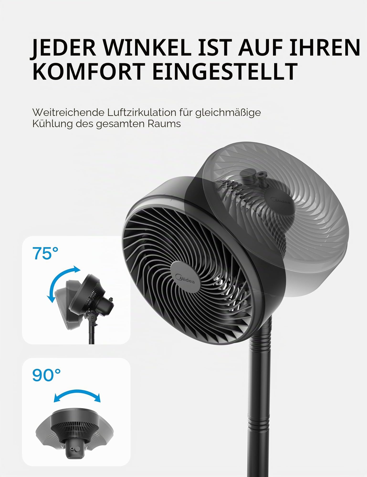 Midea Standventilator FG18-22LAPHSE(BL) 6 Turbo-Flügel, geräuscharmer DC-Motor, 15 Geschwindigkeiten und 4 Modi, Oszillation 30°-120°, Timer 24h, Höhe verstellbar 78-110