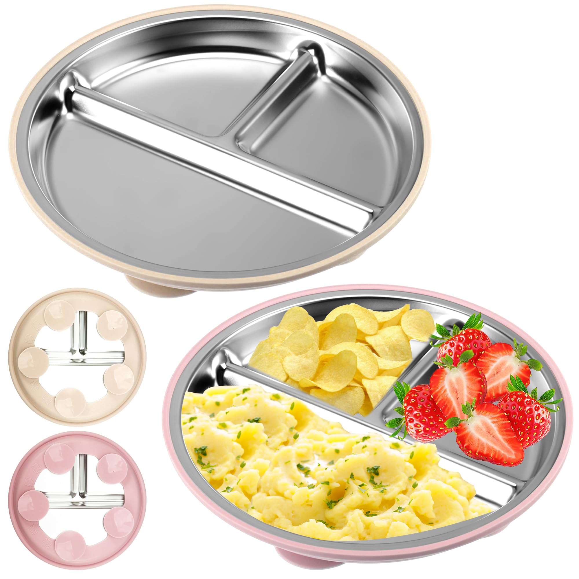 WUISOLQP 2 Stück Edelstahl Baby Teller mit Saugnapf, 22CM Kinderteller mit Saugnapf, BPA-frei und mit Entfernbarer Silikon, Kinderteller mit Unterteilung Babyteller Edelstahl Teller Kinder (B)