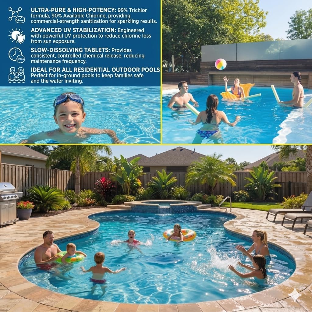 3 Inch Stabilized Chlorine Tablets for Sanitizing Swimming Pools - Slow Dissolving - 90% Available Chlorine - Tri-Chlor - 50 Pounds - Texas Aqua Solution