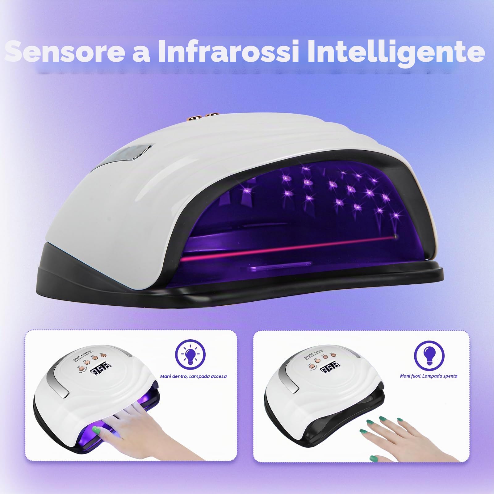 Lampada UV LED Unghie 380W Professionale, con 81 LED Luce Rossa Anti-Macchie, Sensore Automatico, 4 Timer, Base Rimovibile per Manicure & Pedicure, per Casa e Salone