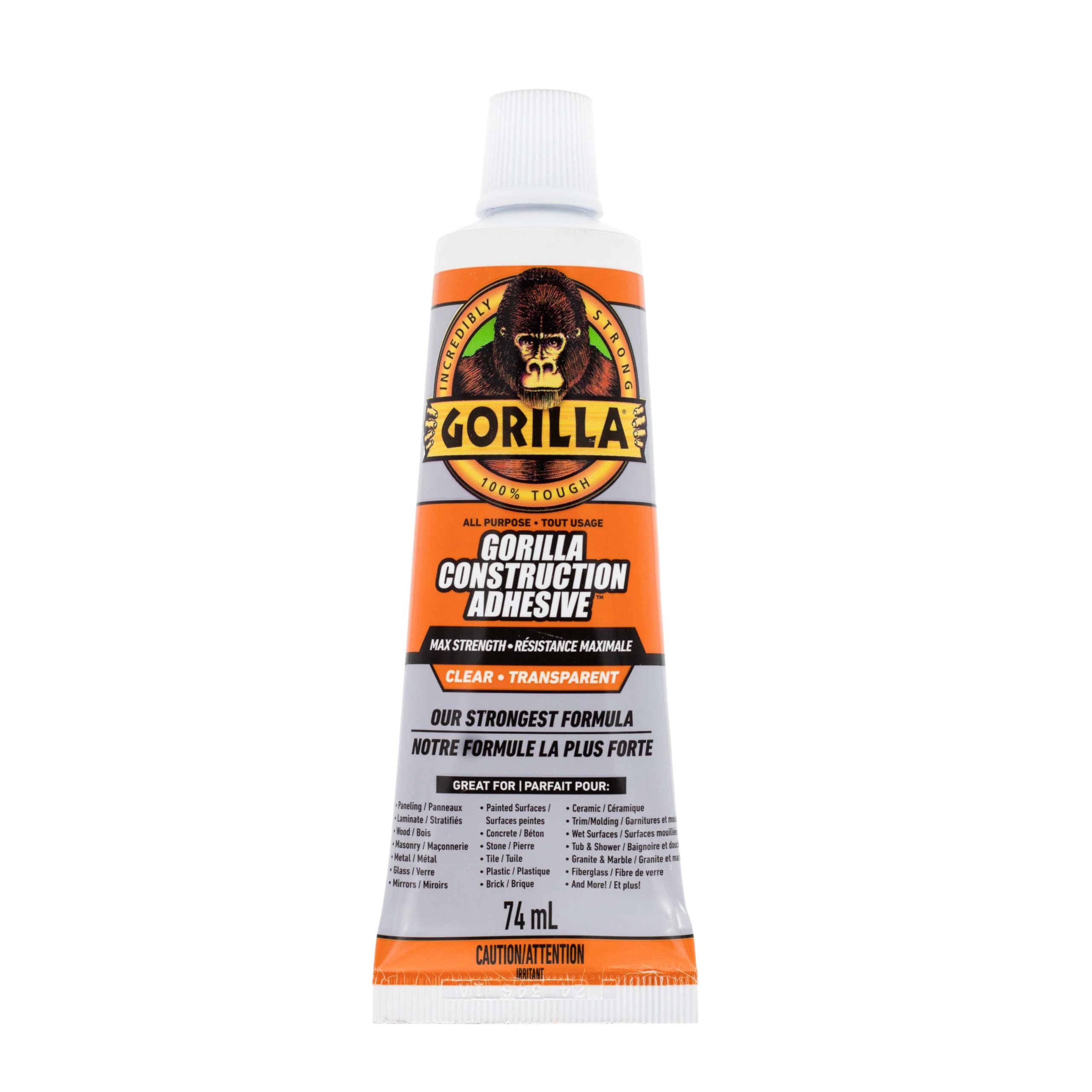 Gorilla Max Strength Clear Construction Adhesive, 2.5 oz Squeeze Tube, Clear (1 Pack)