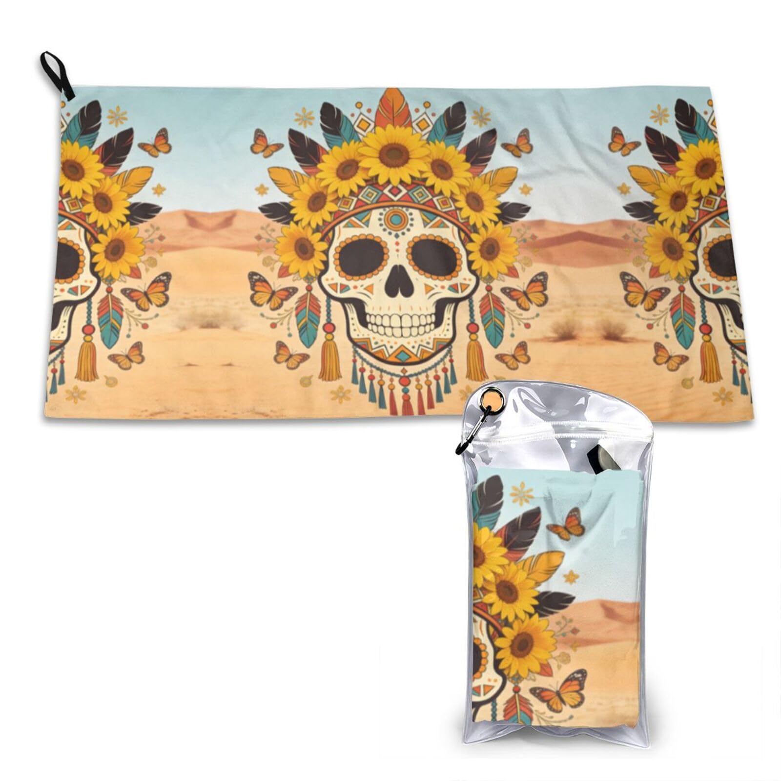 Sunflower-Adorned Sugar Skull Print Quick Dry Towel 16x31.5in White