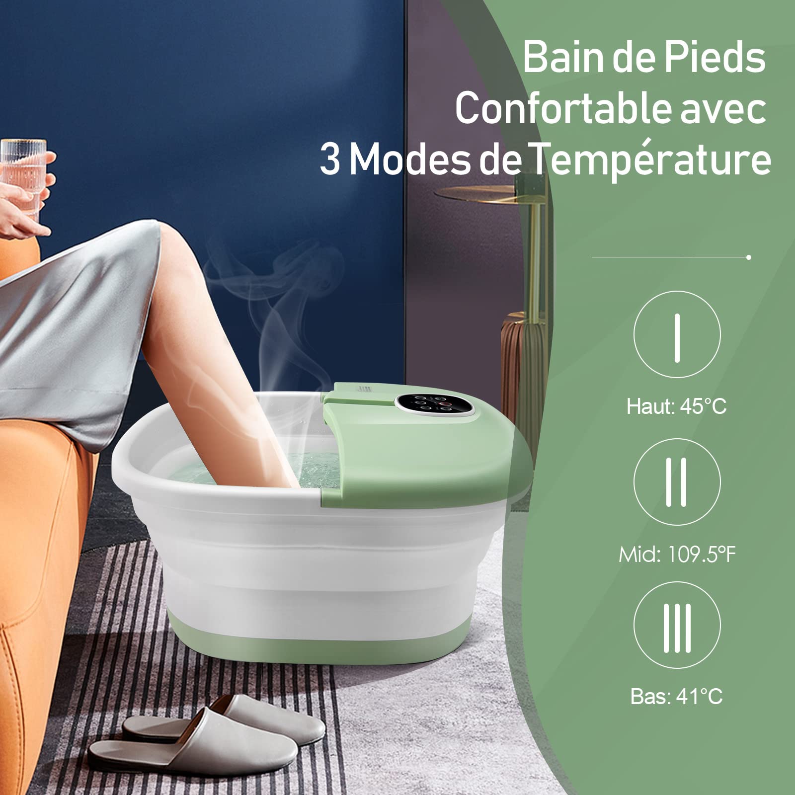 GOPLUS Bain de Pied Massant Chauffant Spa avec 16 Rouleaux Massage, Bain de Pieds Électrique Pliable avec Bulle, Pierre Ponce Shiatsu, Température Réglable 41-45℃, Télécommande, Minuterie (Vert Clair)