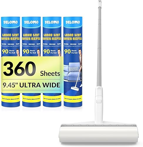 Rodillo de pelusa grande Rodillo gigante de pelusa de 9.45 pulgadas, 360 hojas en total, poste telescópico de 45 pulgadas para limpiar sin