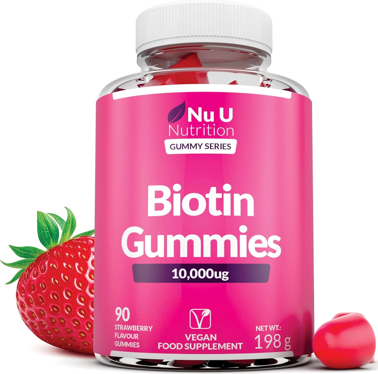 Biotin Hair Gummies 10,000mcg - 90 Vegan Gummies - Delicious Strawberry Flavour - Chewable Vitamin B7 Hair Vitamins - Gelatine Free - Made in The UK - Nu U Nutrition
