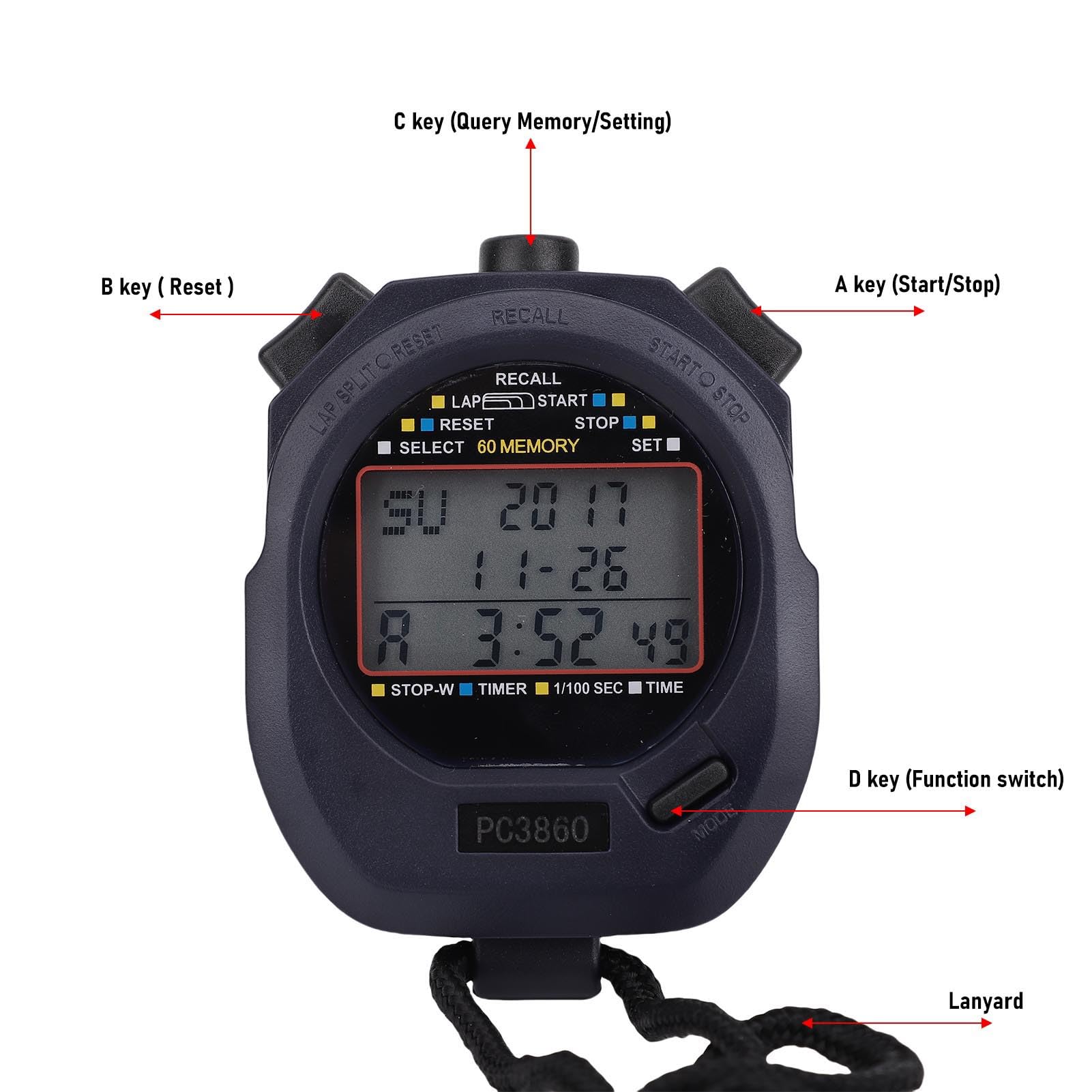 Cronometro Sportivo, 3 Righe, 60 Giri, Timer Digitale Multifunzione, Cronometro modalità Ritmo con Conto Alla Rovescia, Calendario, Allarme, per Corsa, Gare, Allenatori Sportivi, Bambini,