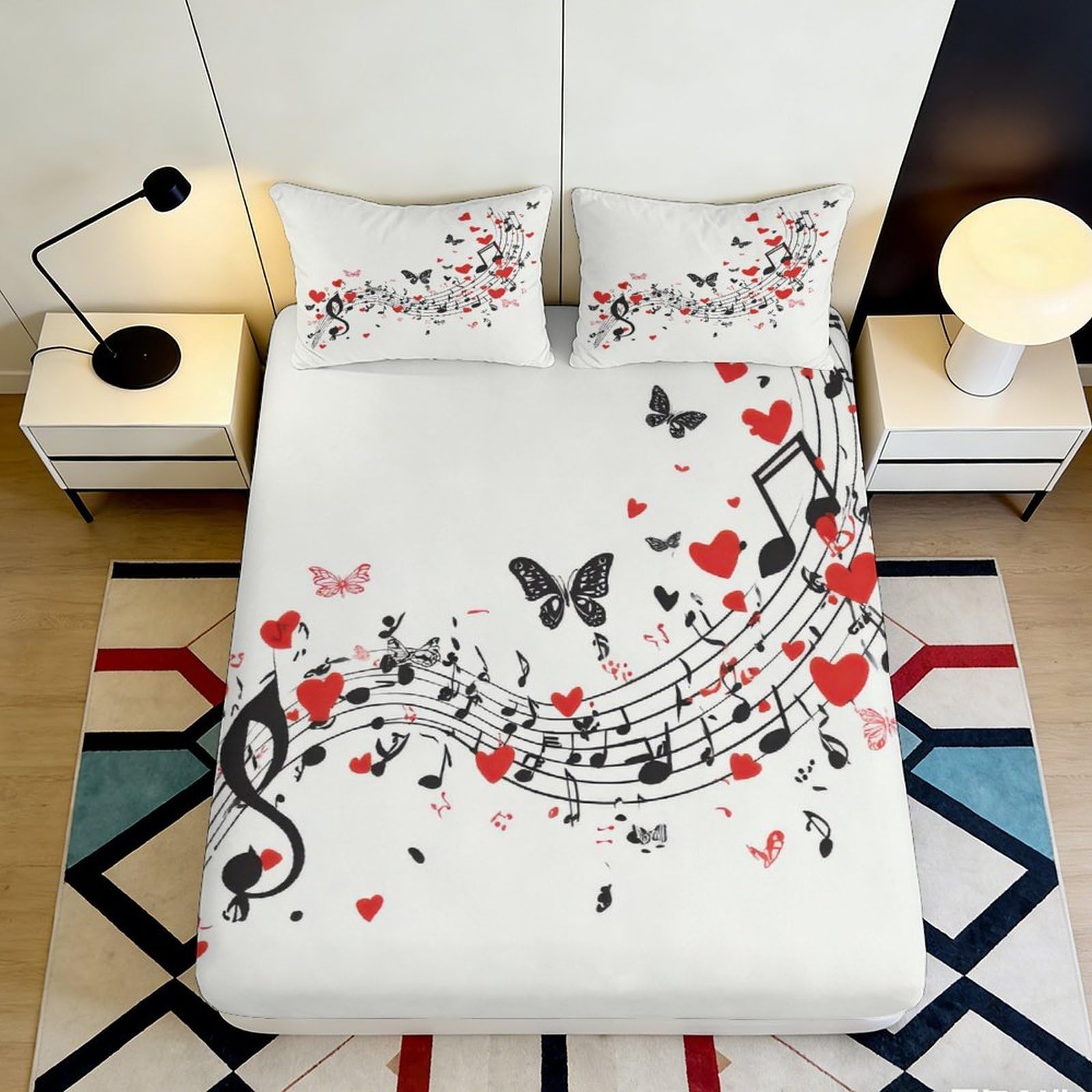 3D Printed Music Notes Fitted Sheet Microfiber Soft Hearts Butterflies Mattress Cover for Bedroom Dorm Decor, Anti-Slip, Washable 160x200x25cm