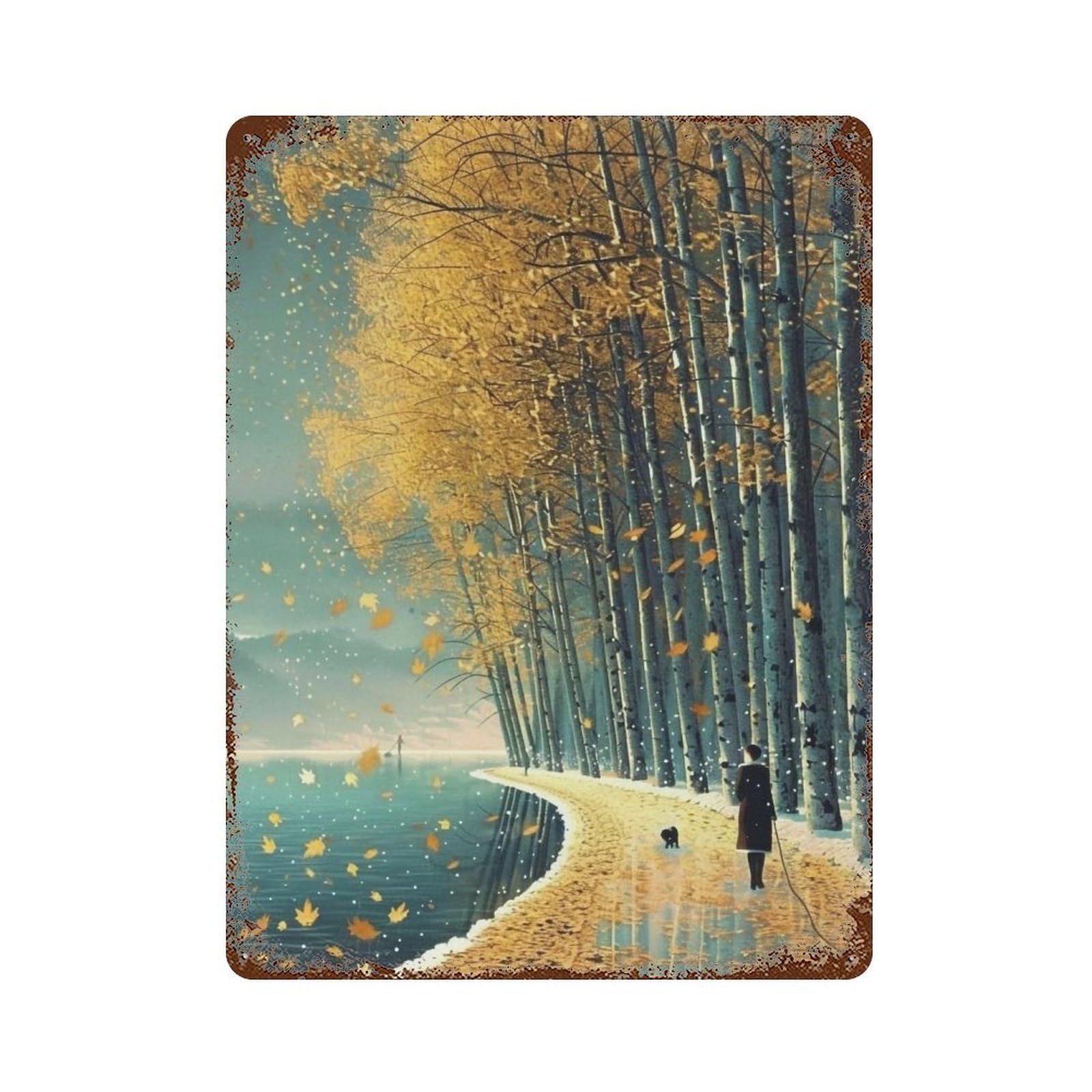 WUJHGRSG Impasto Autumn Riverside Stroll Scene 02 Wall Art Retro Iron Vintage Metal Tin Sign Poster Modern Decor for Home Cofffee Club Bar Shop Style 40x30cm