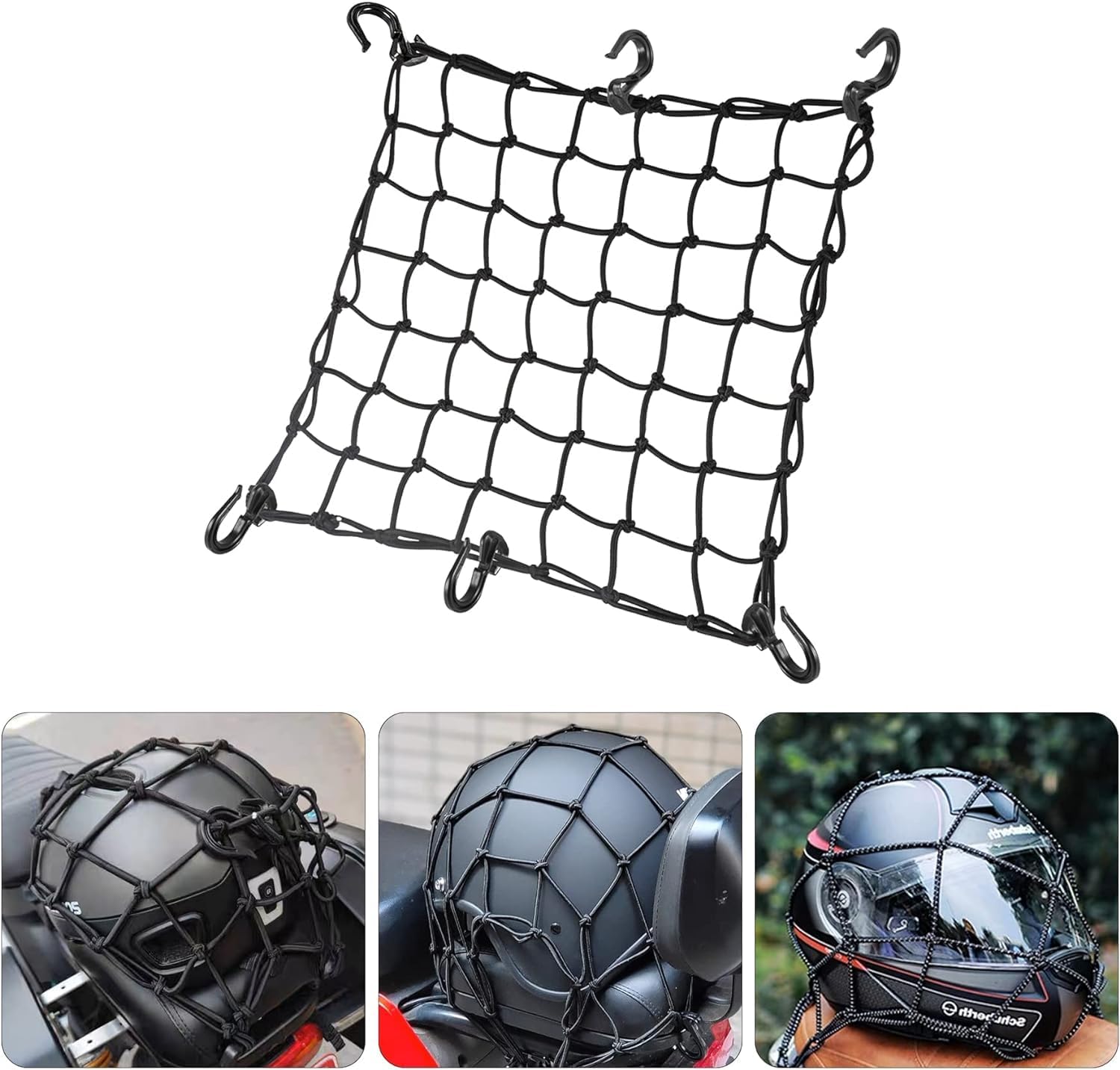 Sarte Motorcycle Bike Helmet 6 Holder Hooks Net Jali Bungee Luggage Cargo Mesh Net (20 x 20cm)