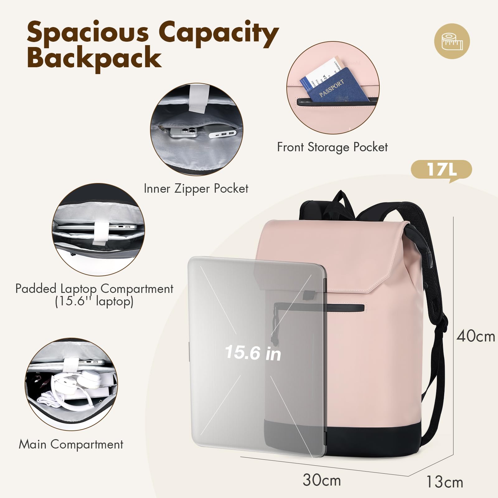 Lekeinchi Zaino da Donna Elegante, Zainetto Donna in Pelle PU, Grande Impermeabile Borsa Zaino Donna, 15,6 Pollici Zaino Porta PC per Università Viaggio Casual Lavoro Scuola Ufficio, Rosa