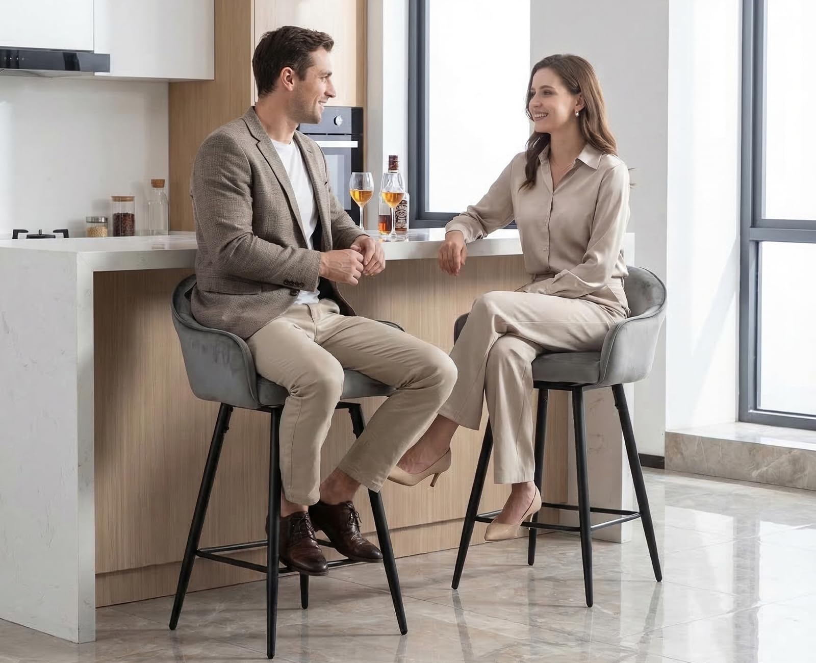 chairus Set di 2 Sgabelli da Bar in Velluto Sgabelli Cucina Sgabelli Alti Sgabello Girevole con Gambe in Metallo per Bancone/Cucina, Grigio