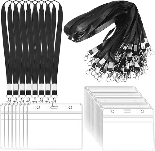 Shappy 100 etiquetas transparentes para nombre con cordón, soporte horizontal para placa de identificación, soportes de plástico para insignias de