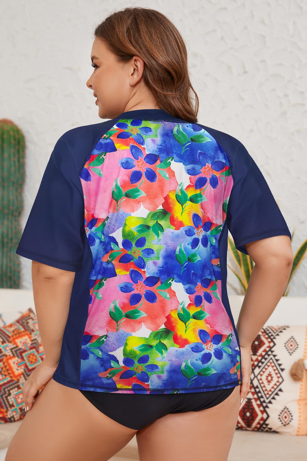 SHEKINI Camiseta de Natación con Protección Solar para Mujer Camiseta de Surf de Manga Corta Traje de Baño Superior Talla Grande