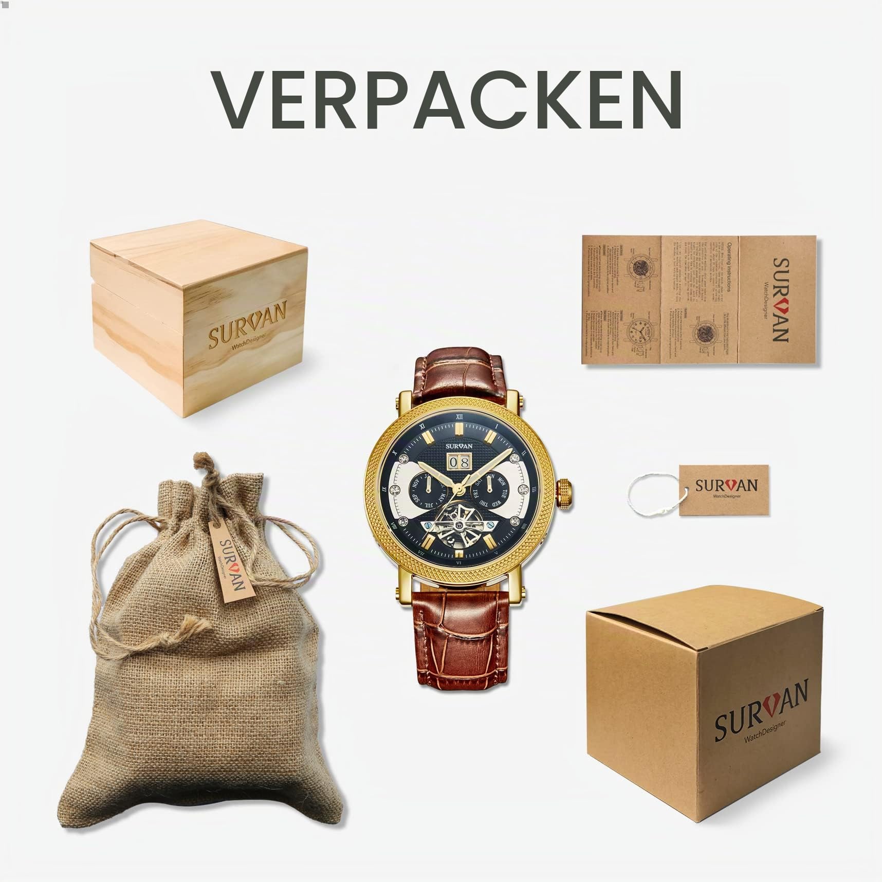 SURVAN Armbanduhr Herren,Schweizer Automatikwerk Armbanduhr,für Männer Dreifach Kalenderanzeige Datum Tag Monat,männer uhren Mechanische,Echtes Leder Armband,Wasserdicht,Geschenk watch for men,Gold