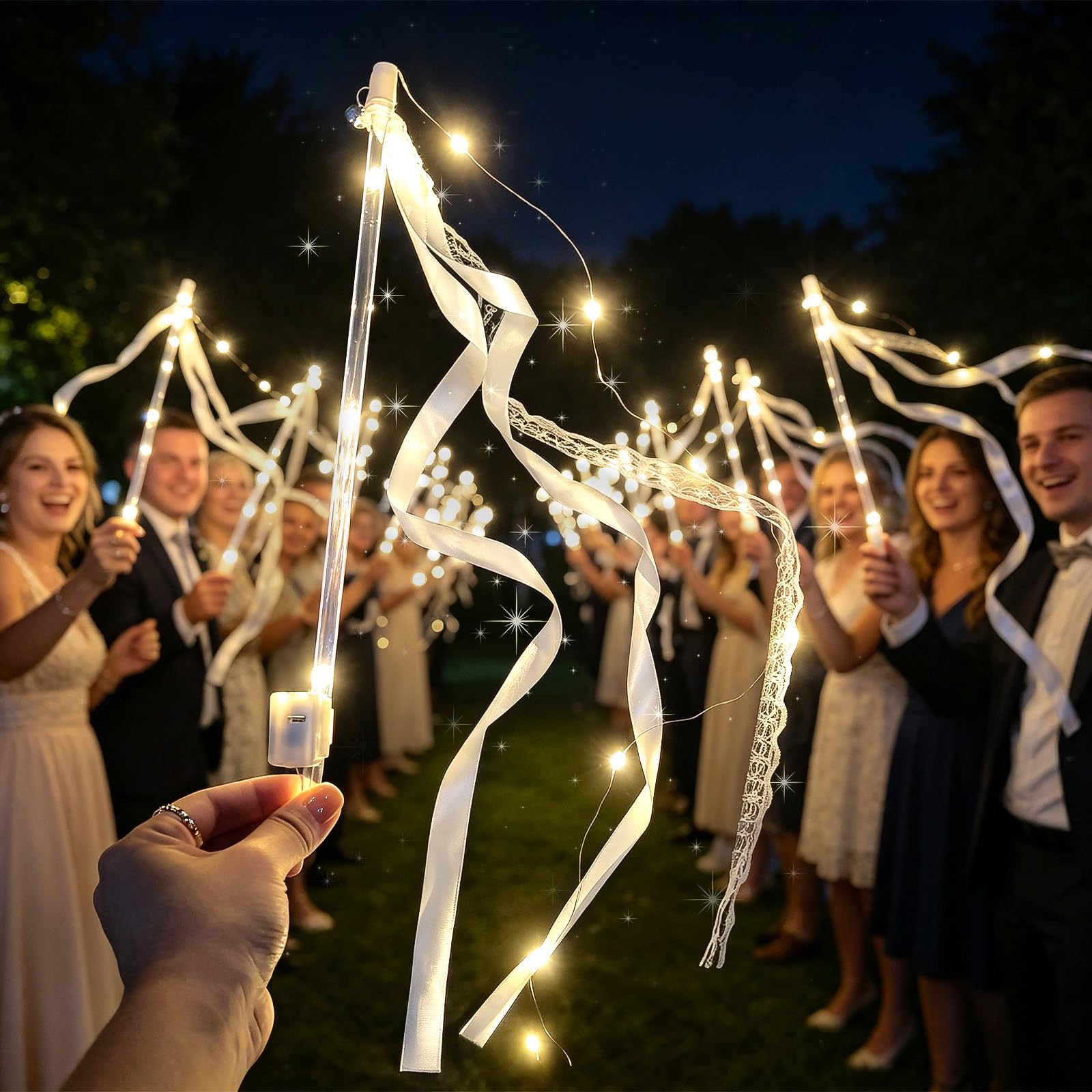 100 szt. świecących różdżek ślubnych, serpentyn ślubnych z dzwonkami i wstążkami, 3 tryby migania LED, różdżka LED, na ślub, ukończenie szkoły i imprezę noworoczną (ciepła biel)