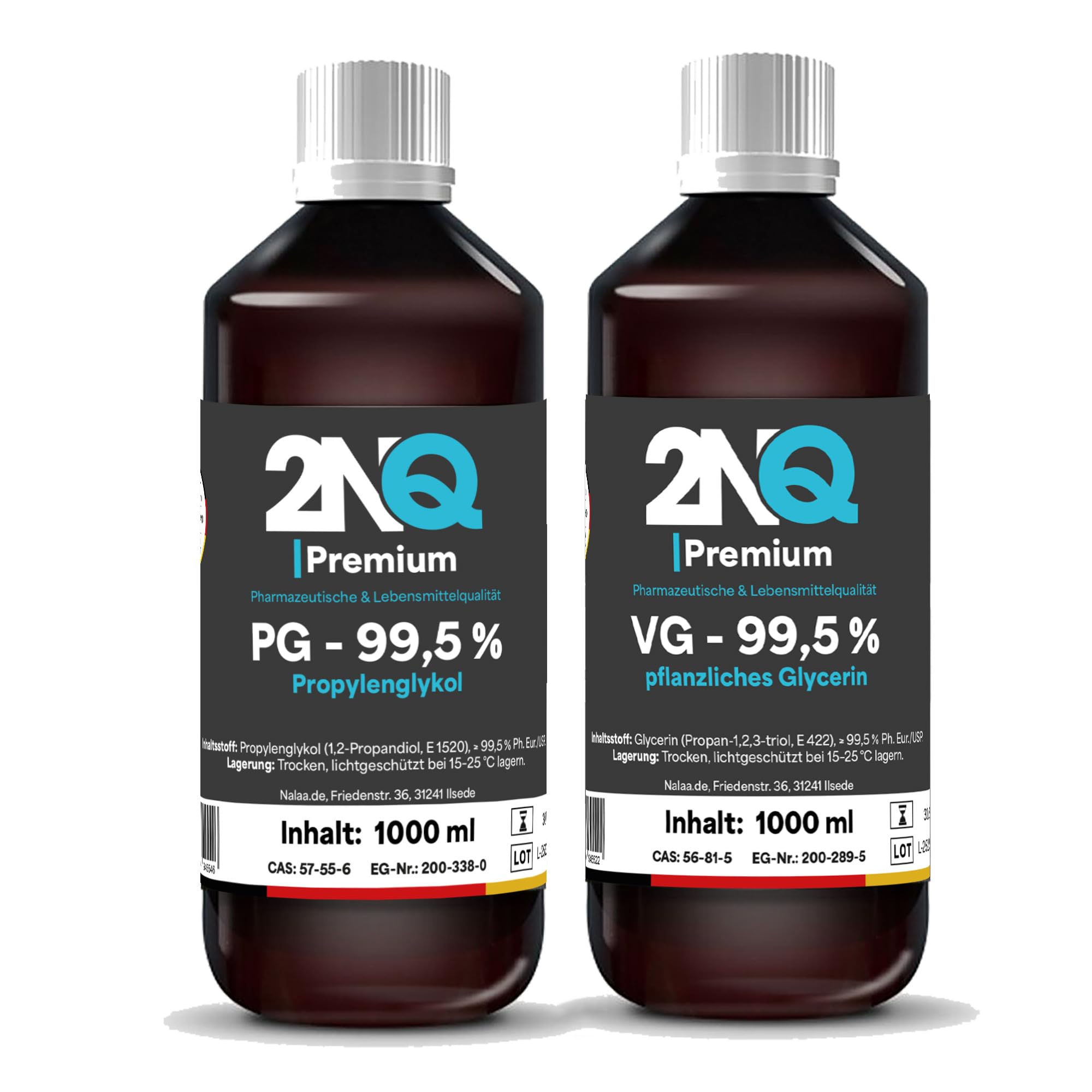 2NQ Glycerin (VG) + Propylenglykol (PG) Set 99,5% – 2 × 1 L – Pharmaqualität, Vegan & Palmölfrei – Made in Germany