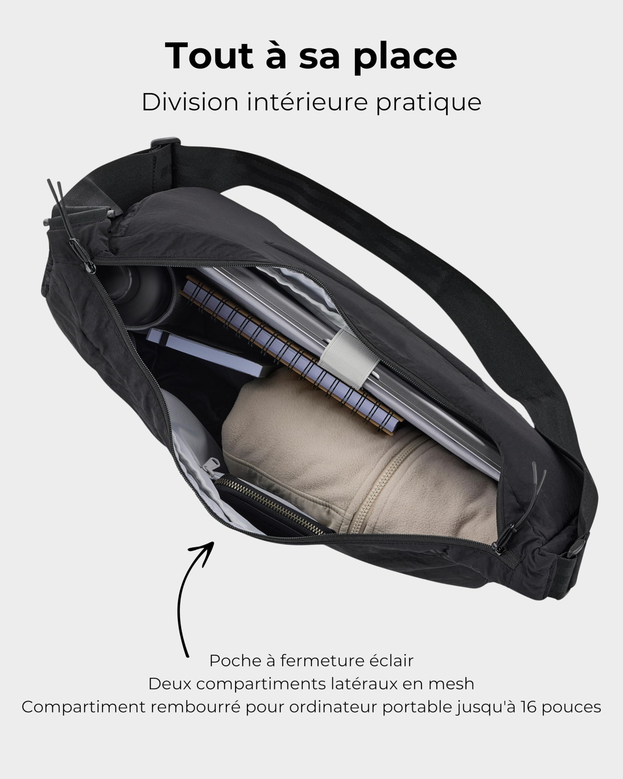 Johnny Urban Sac Bandoulière Femme & Homme Noir - Kaia XL - Puffer Moon Bag - Sac Banane en Nylon - Sacoche Demi Lune - Imperméable