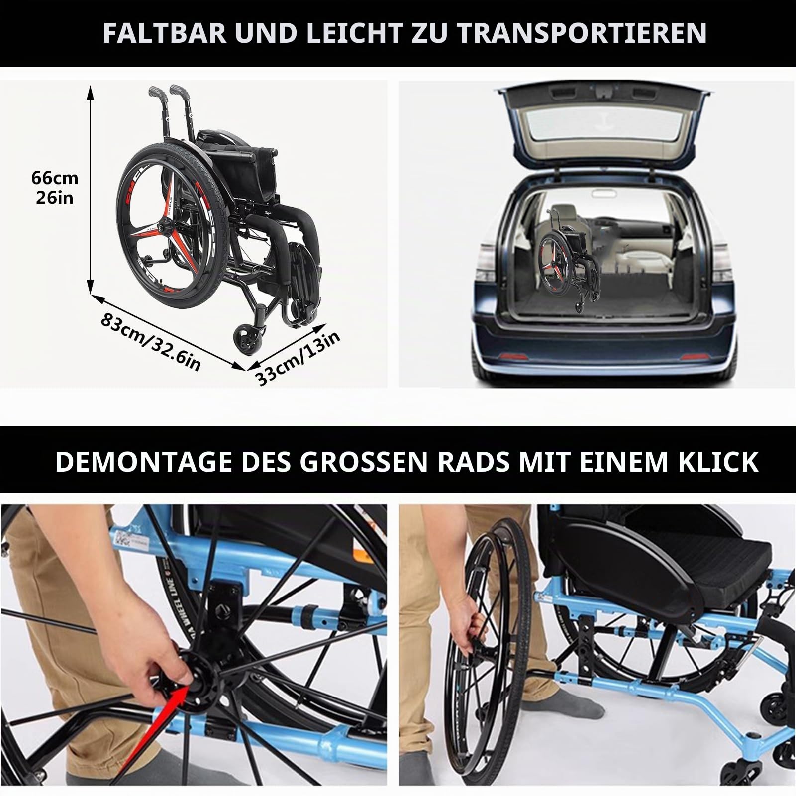 Leichtes Sport-rollstuhl, Aluminium Leichte Rollstühle, Faltbarer Aluminium-rollstuhl, Ultra-leichte Sport-rollstuhl Im Gesamten Taster, Für Jugendliche, Erwachsene, Senioren(42cm/16.5in,Red - Hard ba