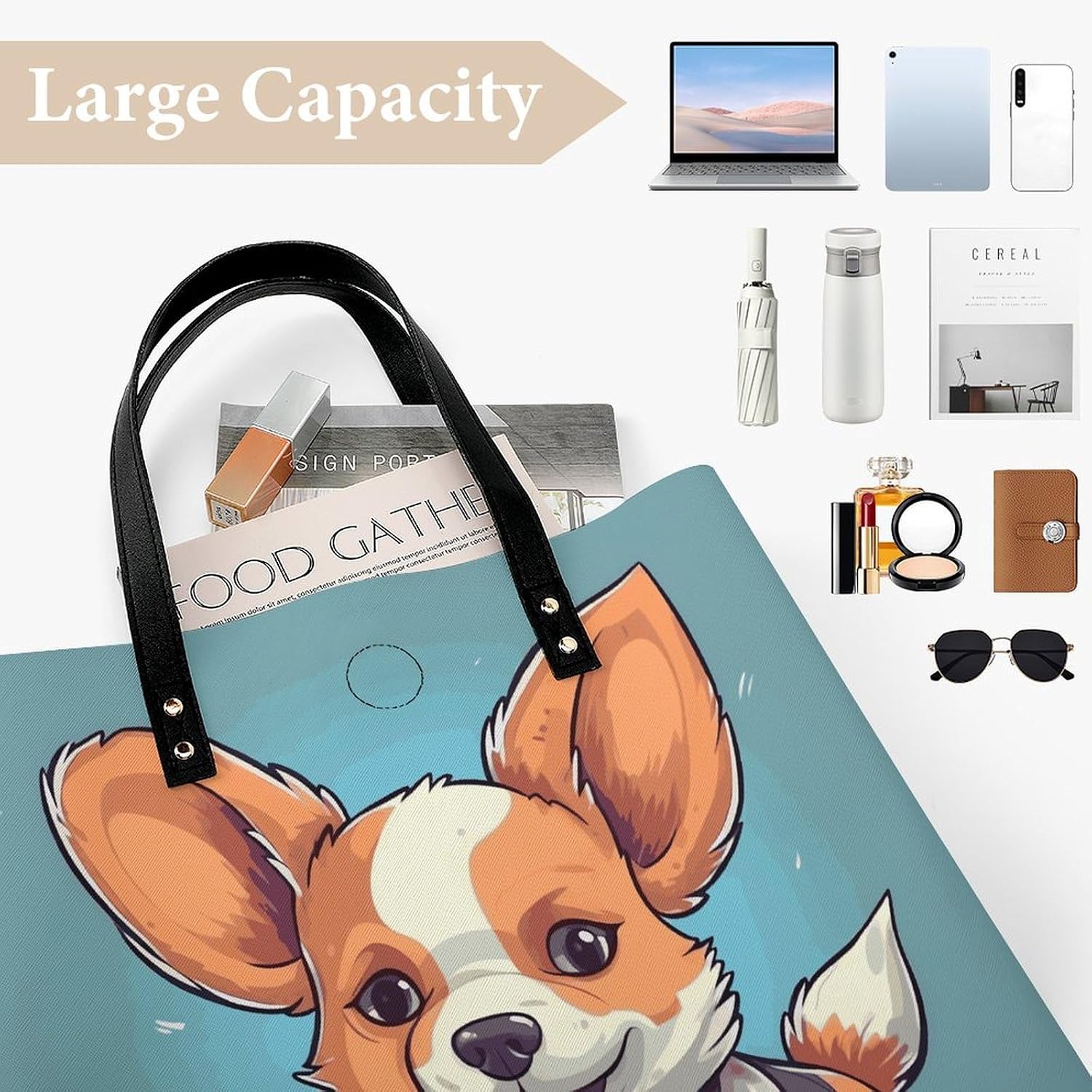 Cute Corgi Cartoon Handbags Large Capacity, Tote Bag Stylish Slouchy, Shoulder Bags for Work Beach Travel And Shopping Grocery.