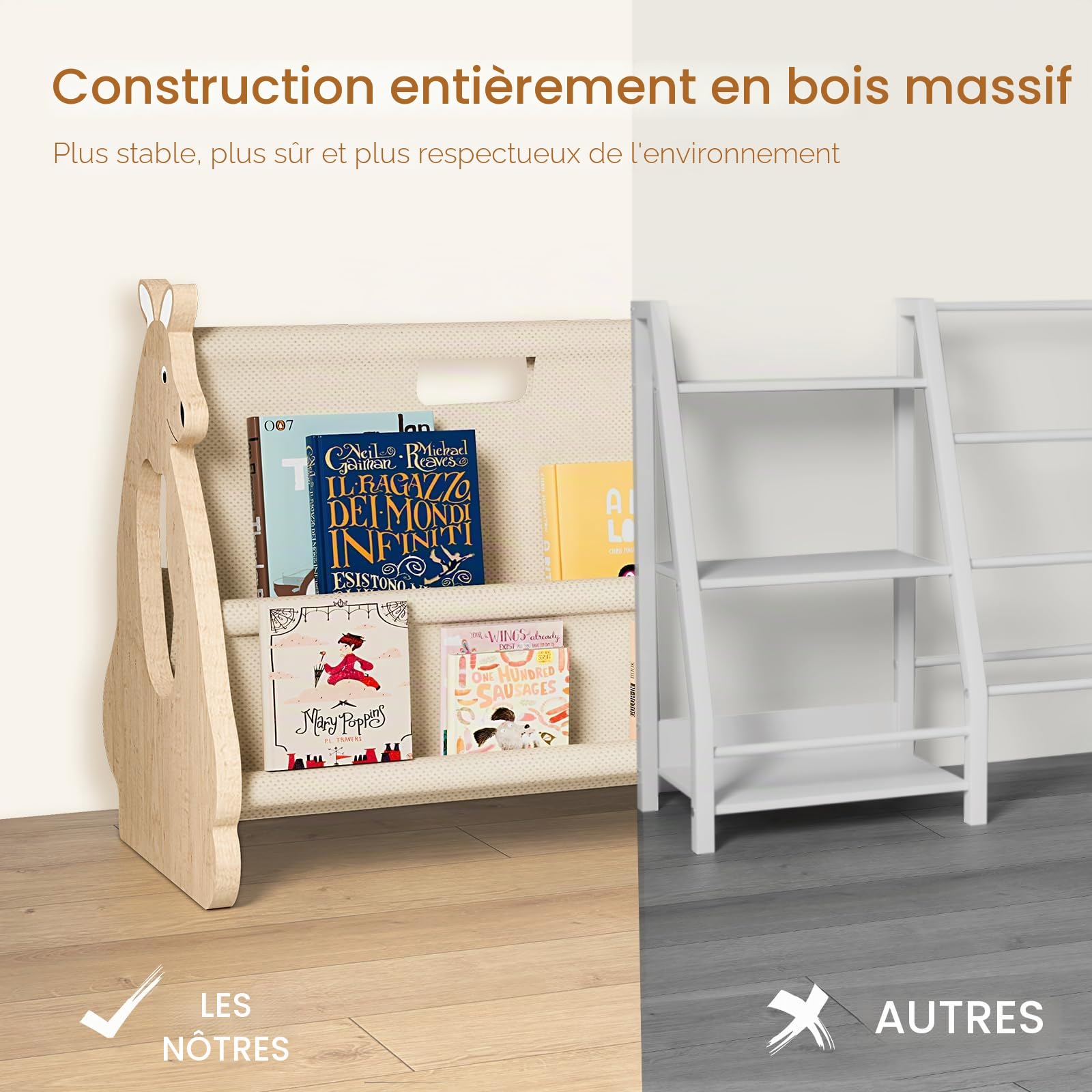 EURYUNG Bibliothèque Enfant Bois – Bibliothèque Montessori Bebe pour Chambre d’Enfant, Design Kangourou, Rangement Livres Enfants, Meuble Chambre Enfant, Bibliothèque Portable, Etagere Livre Enfant