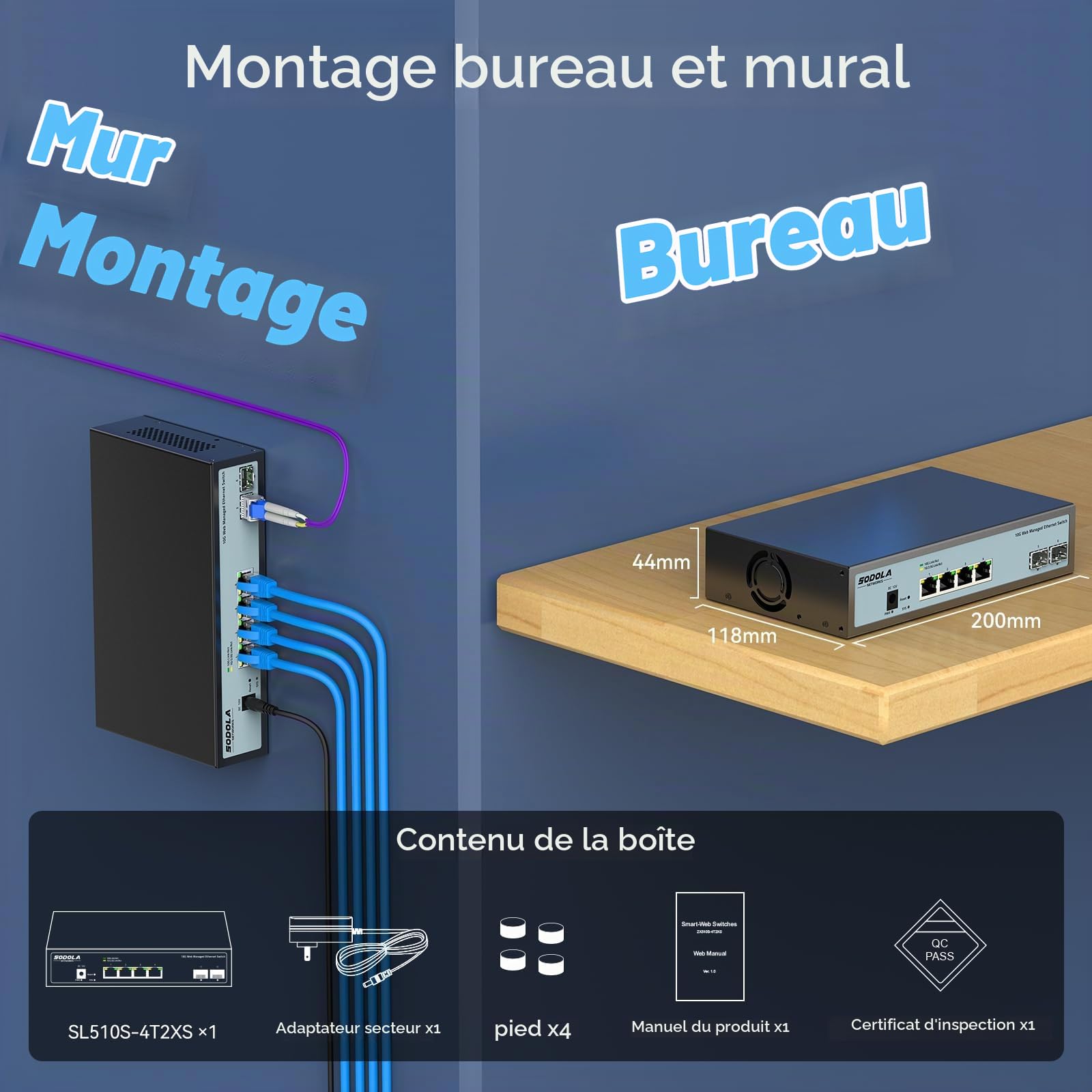 SODOLA Switch 10Gb Ethernet 6 Ports, 4x10G RJ45 & 2x10G SFP+ | Géré par web, Boîtier métallique, refroidissement ventilé, prend en charge LACP/QoS/VLAN/IGMP, montage bureau/mural