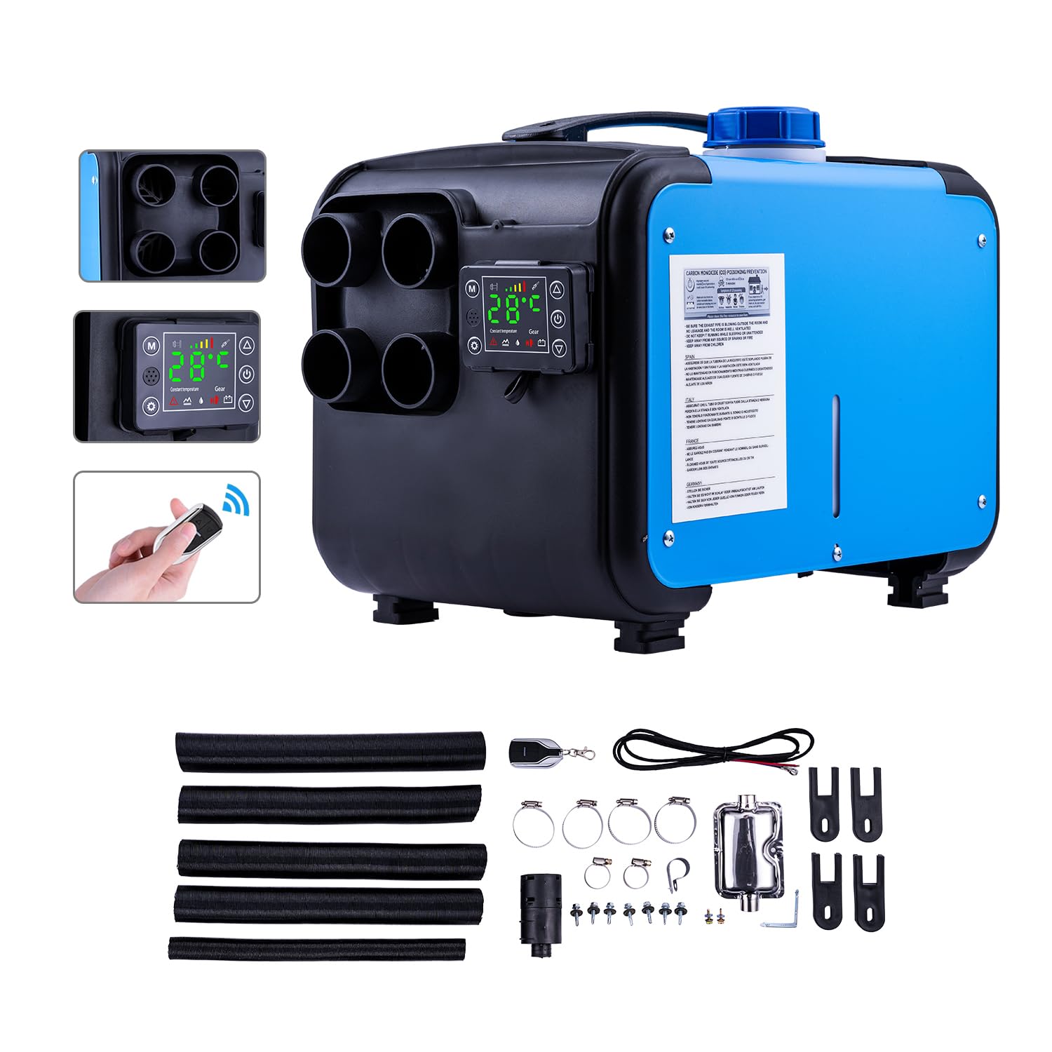 KATSU Diesel Air Heater 12V 24V 220V 5KW All-in-One Car Truck Diesel Parking Heater, 4 Holes Air Outlet, with LCD Display and Remote Control, for RV, Boat, Trailer, Campervans, Caravans