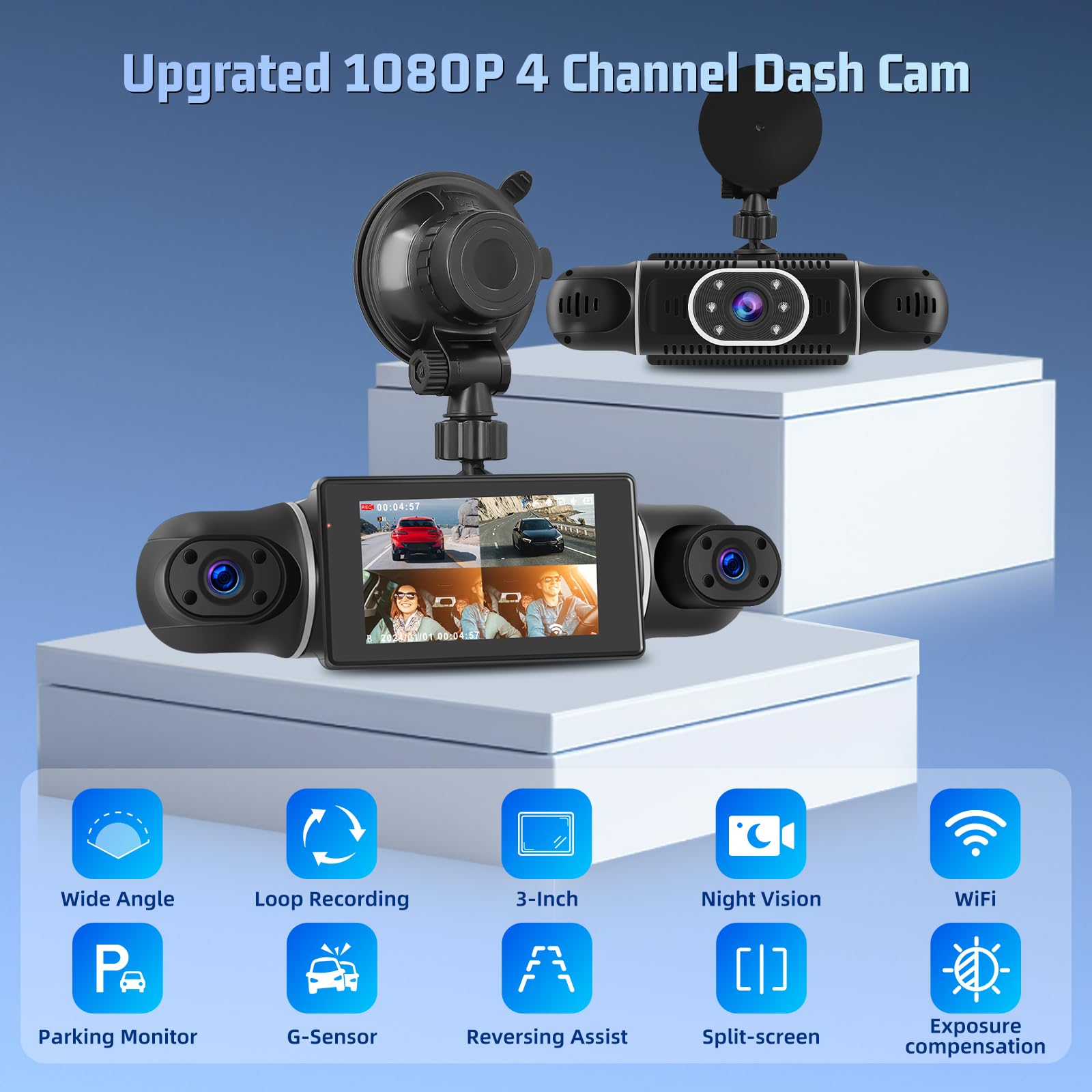 Dash Cam 1080P, Dash Cam a 4 Canali Anteriore e Posteriore Interna, Dash Camera con Schermo