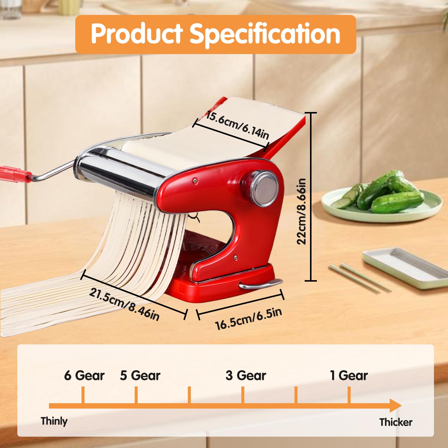 Machine à Pâtes Robuste, en Acier Inoxydable, 6 Réglages D'épaisseur Réglables, Machine à Nouilles pour Spaghetti, Fettuccini, Lasagne Ou Emballage de Boulettes (Rouge)