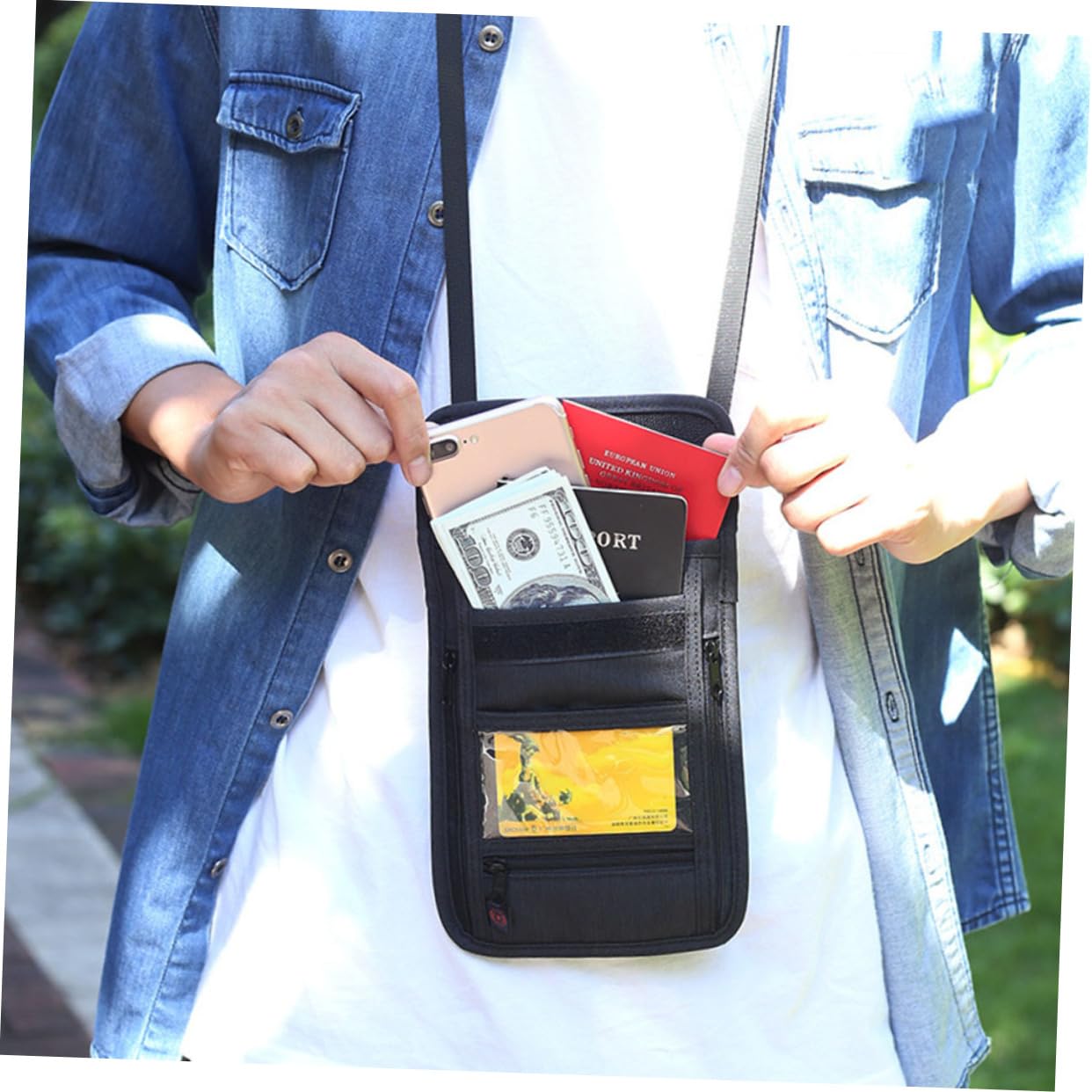 3pezzi Portafoglio Da Viaggio Con Tasca Rfid Per Passaporto e Smartphone Borsa Tracolla Unisex Nero Custodia Sicura Per Documenti e Valuables