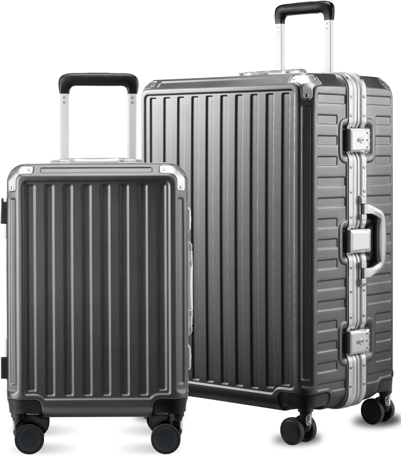 Luggage Sets with Spinner Wheels, 8010S Aluminum Frame Zipperless Polycarbonate Hard Shell Suitcase Sets (ZX-Core, Charcoal Metallic, 2 Piece (20/28))