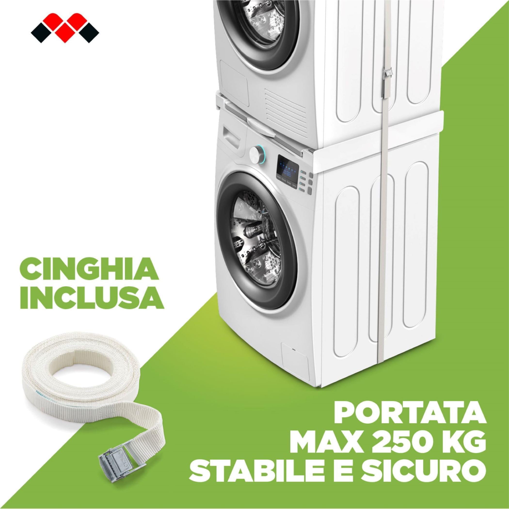Meliconi Base Torre Evo L60, Kit di Sovrapposizione Lavatrice Asciugatrice, Supporto Premontato con Ripiano Estraibile in Legno, Cinghia di Sicurezza Inclusa, Portata 250 Kg, Made in Italy, Bianco