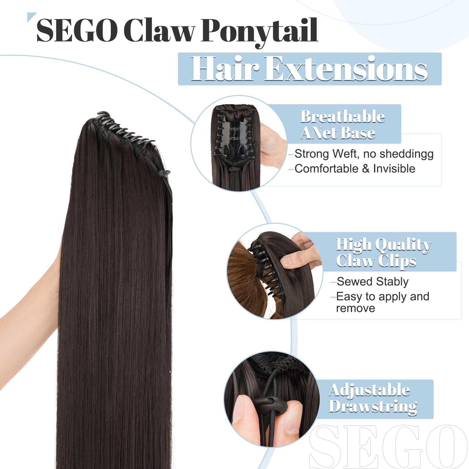 SEGO 21 Inch Claw On Ponytail Extension Straight Clip In Pony tail Synthetic Hairpiece, Natural Black - Image 2