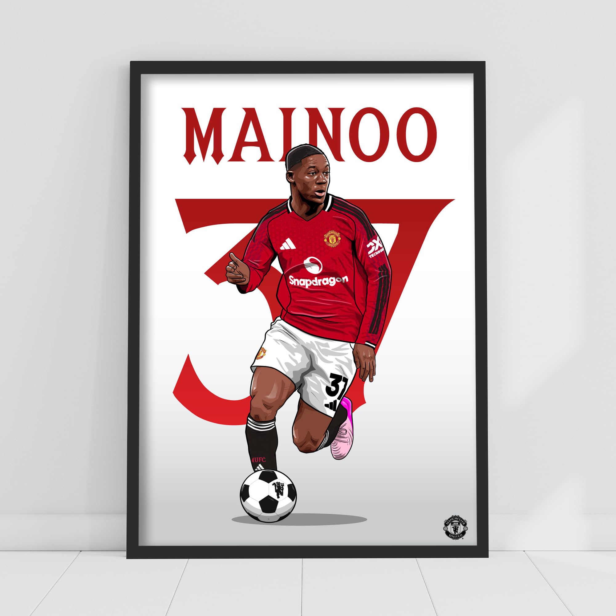 Themed Red Manchester United Fc Print - Mainoo 25/26 Illustration Player Poster Football Wall Art (21Cm X 29.7Cm - A4)