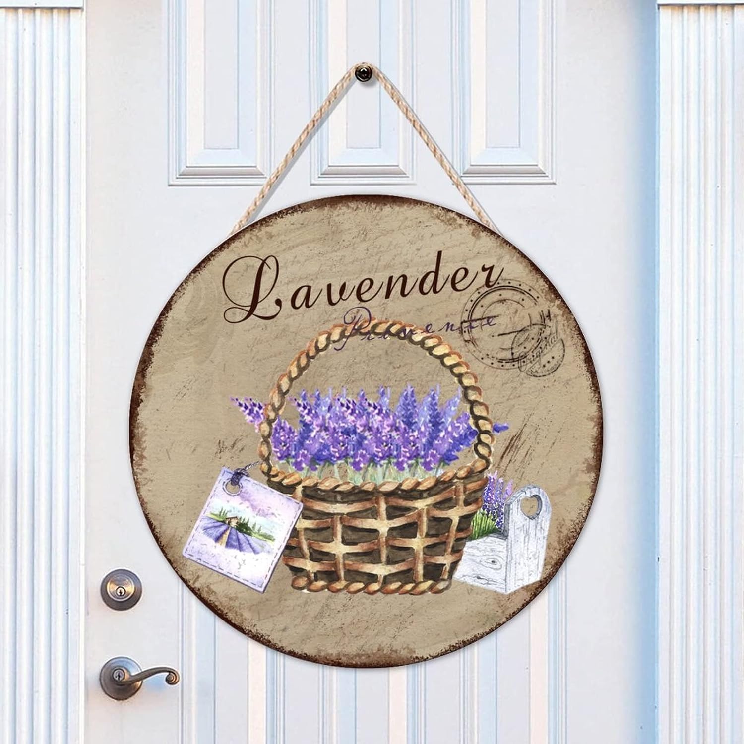 Old Paper Textures Wall Door Hanging Sign, Lavender Wood Door Sign, Personalized Pattern 16x16in Round Door Hanger Sign Farmhouse Front Porch Decor Housewarming Gifts