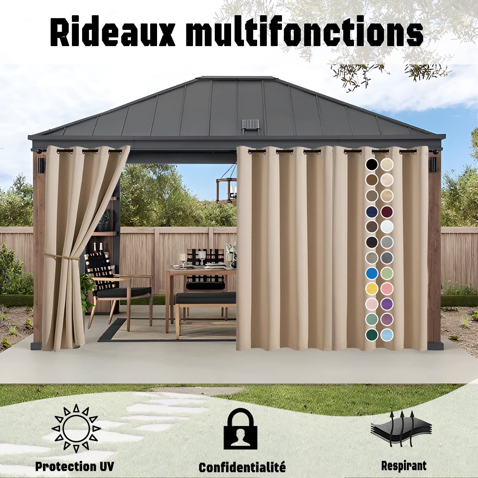 Rideau d'extérieur 1 pièce avec œillets, Rideau de Protection Pare-Soleil à Isolation Thermique de Taille personnalisée (24 Couleurs et Plusieurs hauteurs et largeurs au Choix) pour Jardin, terrasse
