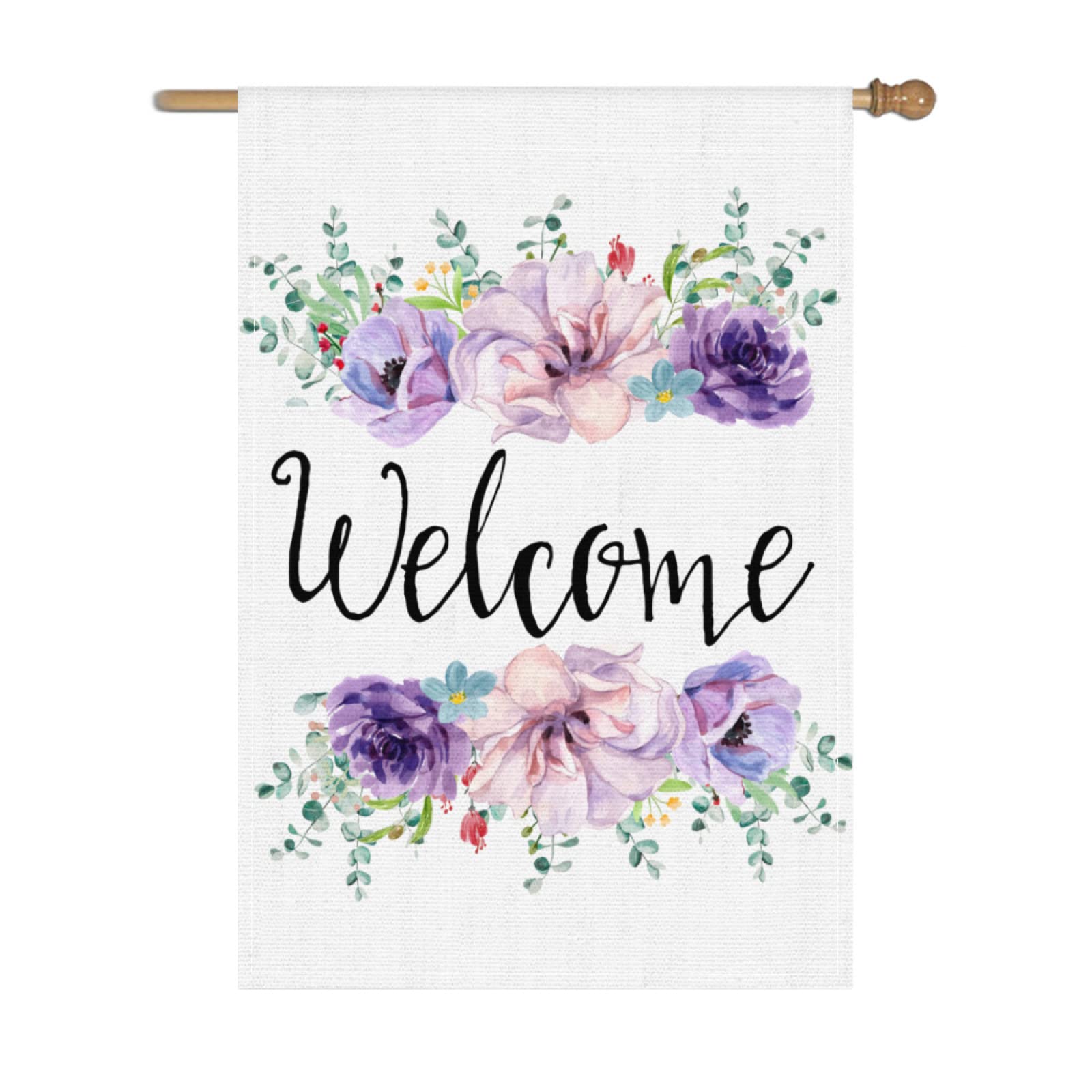 HOOSUNFlagrbfa Summer Spring Purple Floral Welcome Garden Flag Flax 28×40 Inch Vertical Double Sided Seasonal Outside Décor for Yard Farmhouse